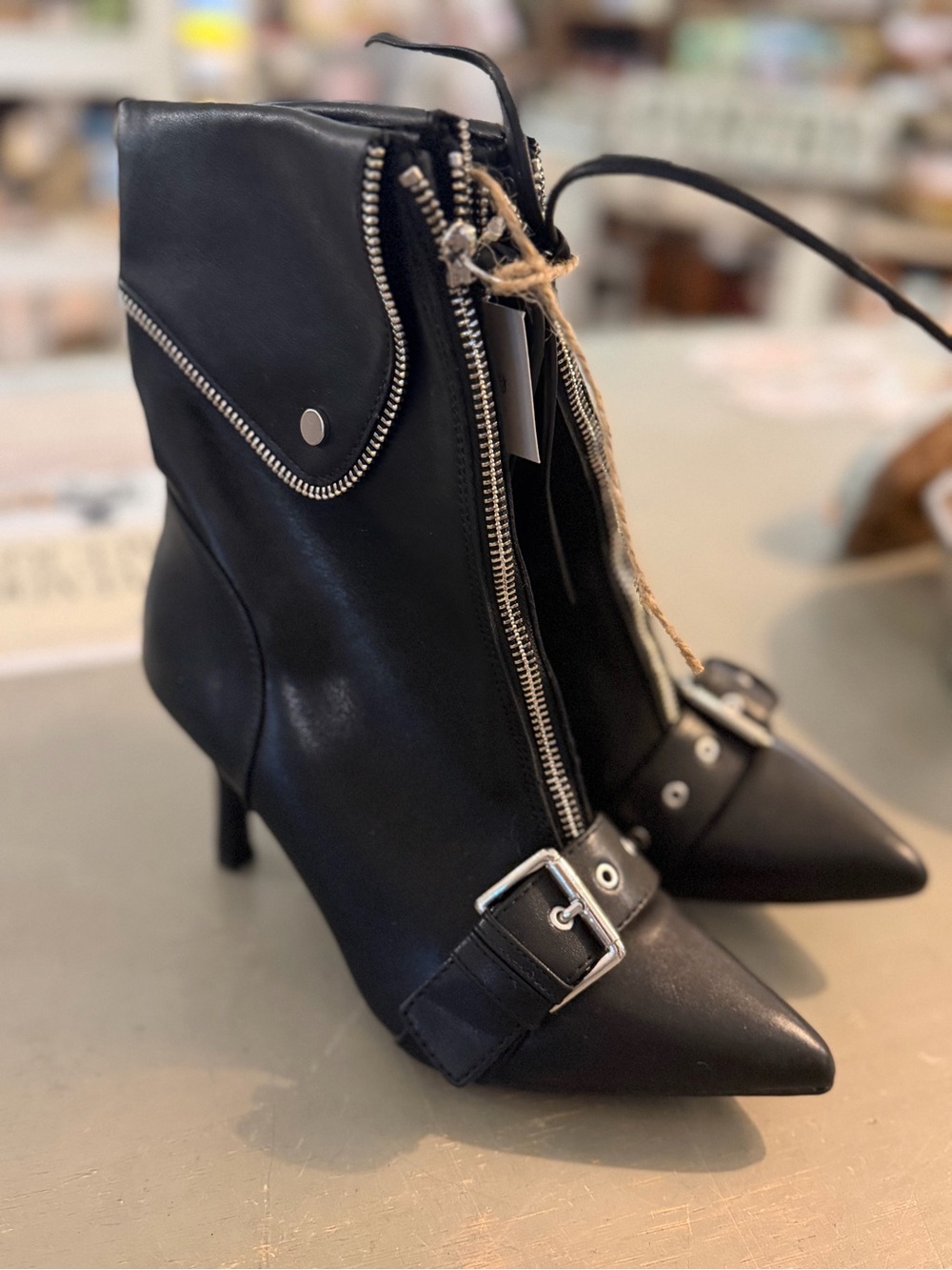 Target Black Pointed-Toe Mid-Heel Ankle Boots with Buckle & Zipper